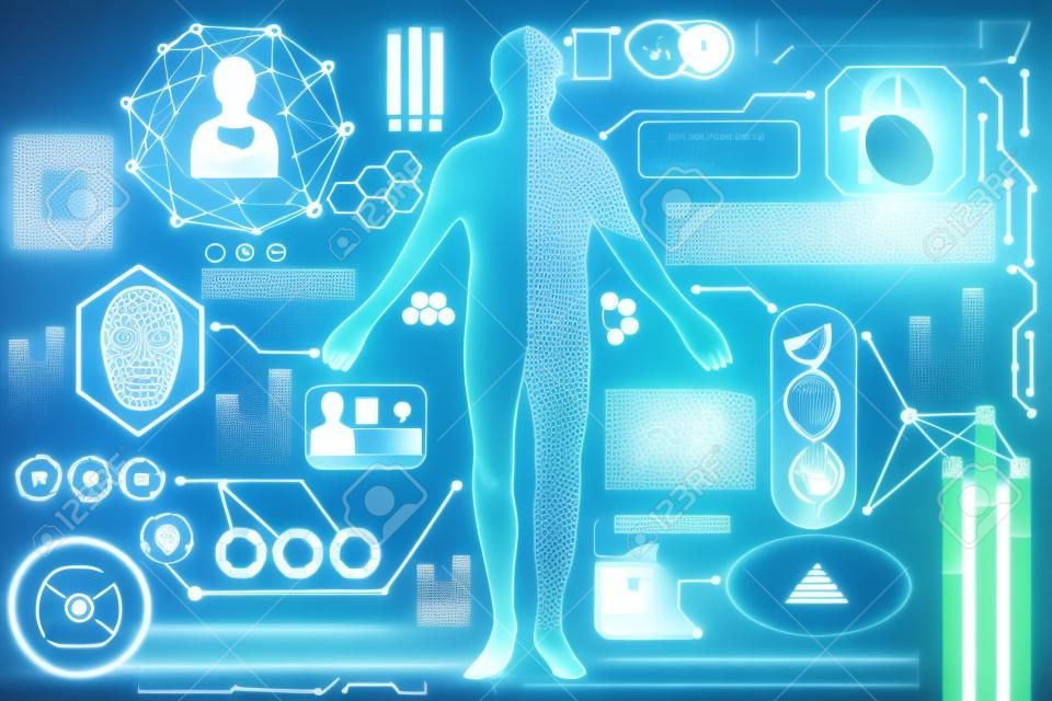 추상 기술 개념 인체 디지털 건강 관리, 건강 분석 및 스캔 본문의 인터페이스는 첨단 기술 배경에 세계 미래 디자인을위한 정체성, 지문, 에너지를 확인하기 위해