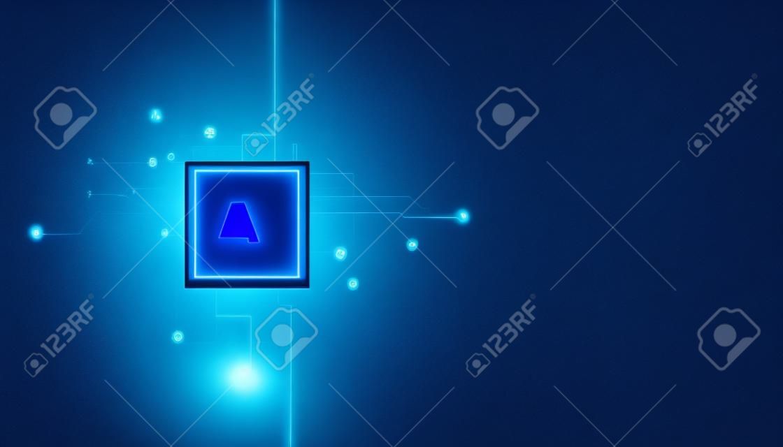 Abstract technology Ai computing concept working data of Artificial intelligence and futuristic digital for future on dark blue background.
