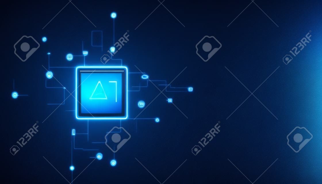 Abstract technology Ai computing concept working data of Artificial intelligence and futuristic digital for future on dark blue background.