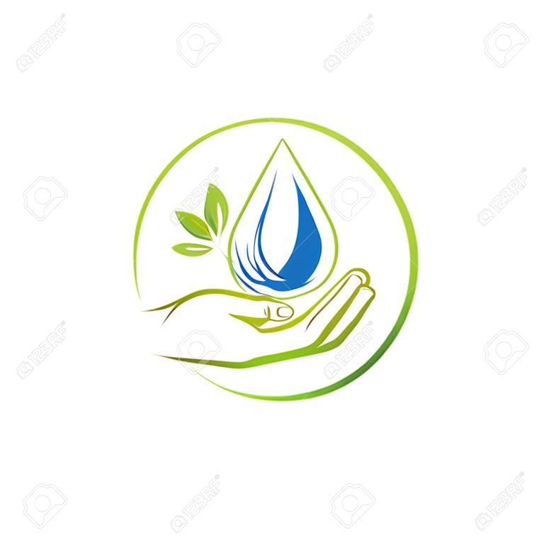 Hand, leaf and water drop, concept vector illustration