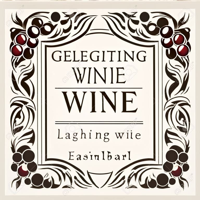 Label for a bottle of wine, glasses and a bunch of grapes