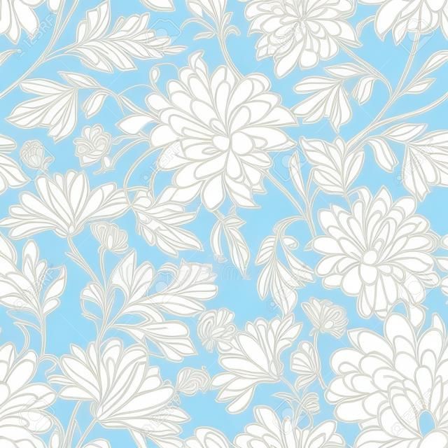Seamless floral pattern avec des chrysanthèmes. Les lignes bleues sur fond blanc. Vector illustration.
