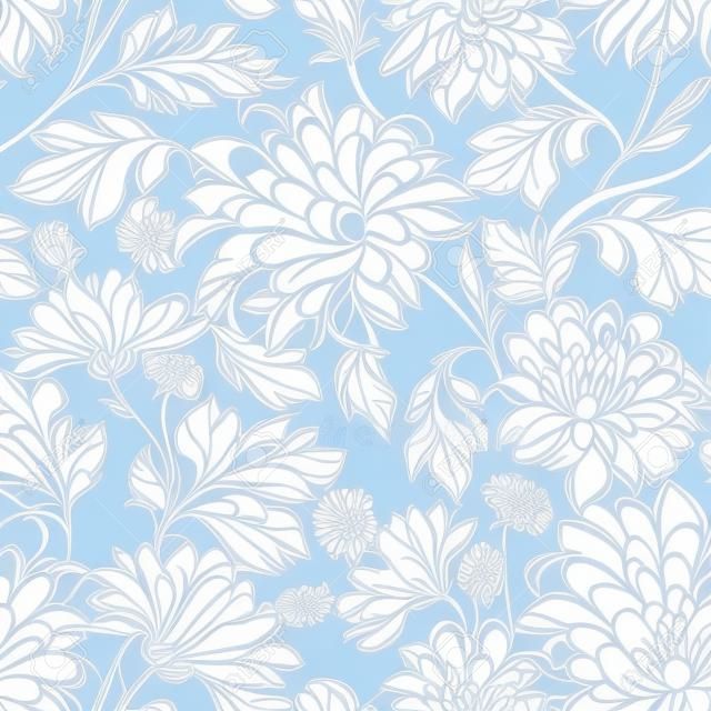 Seamless floral pattern with chrysanthemums. Blue lines on white background. Vector illustration.