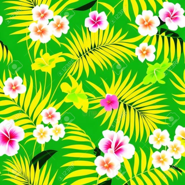 Kumaş örneğinin için tropikal tasarım. Topikal palmiye yaprakları ve yeşil arka plan üzerinde sorunsuz patten güzel plumeria çiçekler. Vector illustration.