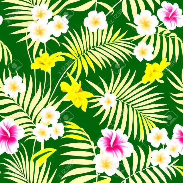 Tropical design for fabric swatch. Topical palm leaves and beautiful plumeria flowers on seamless patten over green background. Vector illustration.