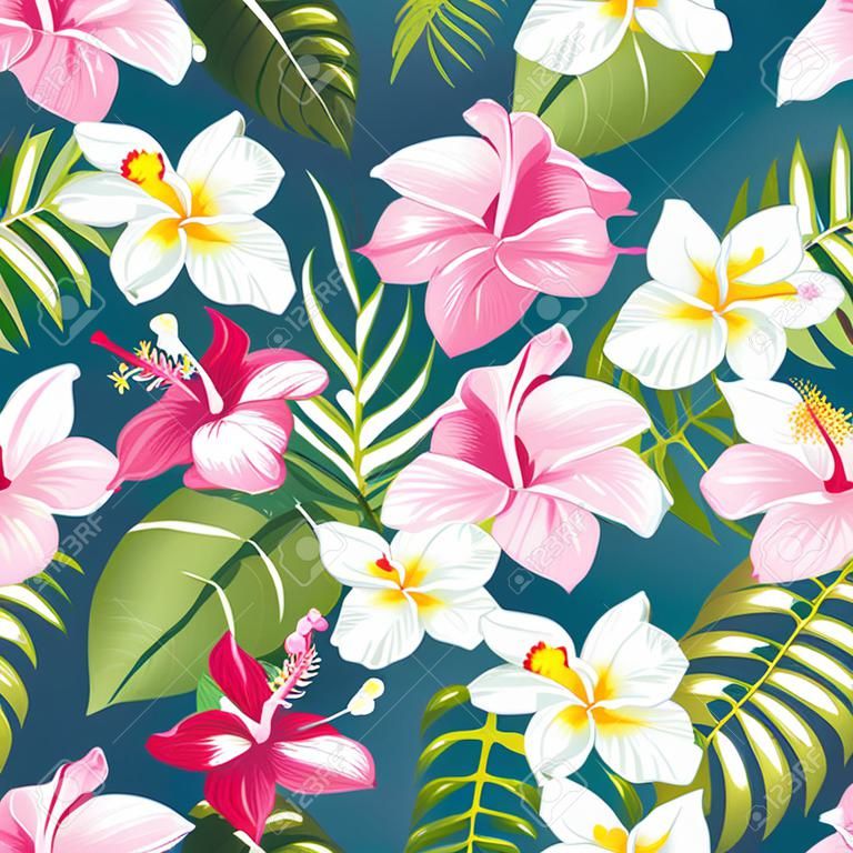 Seamless tropical pattern. Summer flowers of plumeria and hibiscus at fabric swatch. Beautiful tile with a tropical flowers isolated over color background. Blossom plumeria for your design.