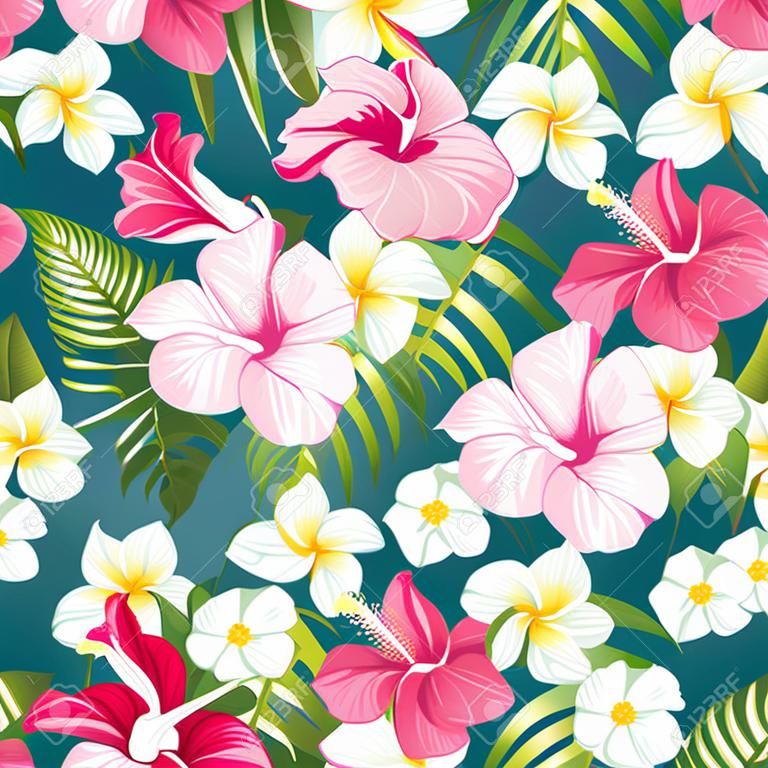 Seamless tropical pattern. Summer flowers of plumeria and hibiscus at fabric swatch. Beautiful tile with a tropical flowers isolated over color background. Blossom plumeria for your design.