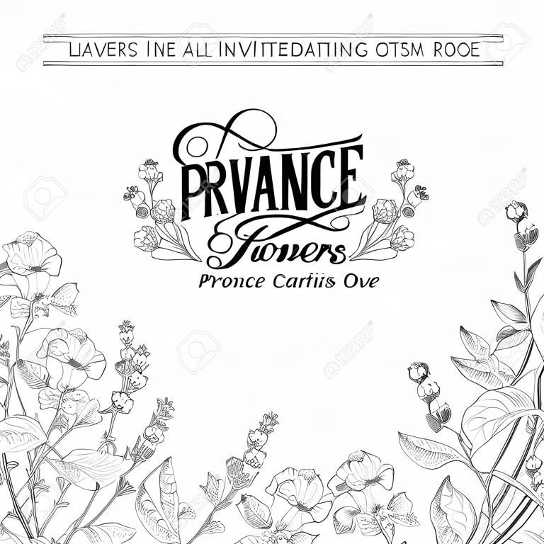 Wedding invitation card with custom sign and flower frame. Lavender frame for provence card. Printable vintage marriage invitation with flowers over white. Vector illustration.