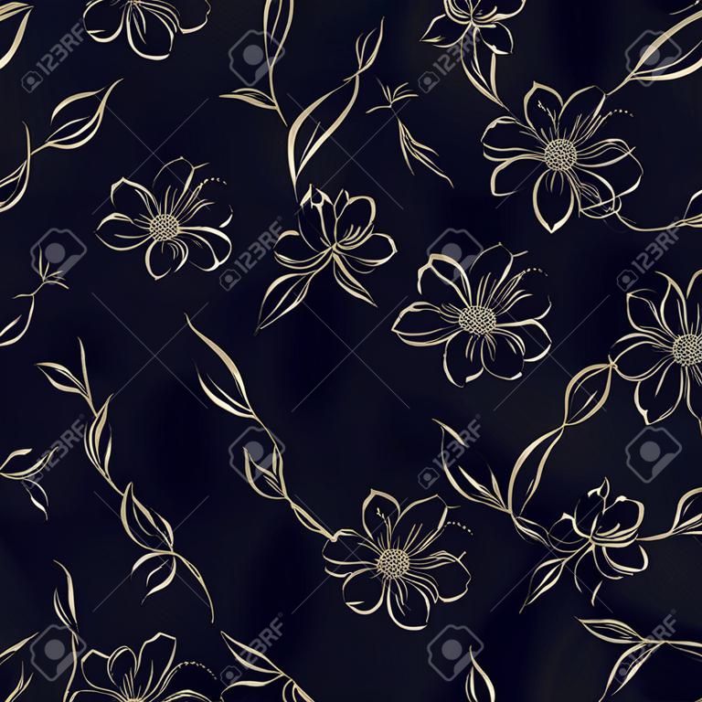 The Elegant monochrome flowers fabric, seampless pattern. Vector illustration.