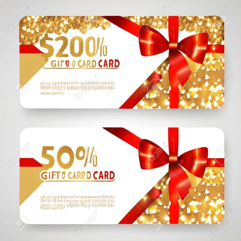Gift Card Design mit Gold Glitter Textur und Red Bow. Einladung Dekorative Vorlage, Gutschein Design, Feiertags-Einladung. Glühende Silvester oder Weihnachten Hintergrund. Zertifikat für Einkaufs.