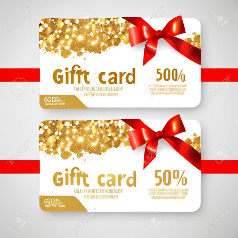 Diseño de tarjeta de regalo con textura de purpurina dorada y lazo rojo. Invitación plantilla de tarjeta decorativa, diseño de cupones, invitación de vacaciones. Brillante telón de fondo de Navidad o año nuevo. Certificado de compras.