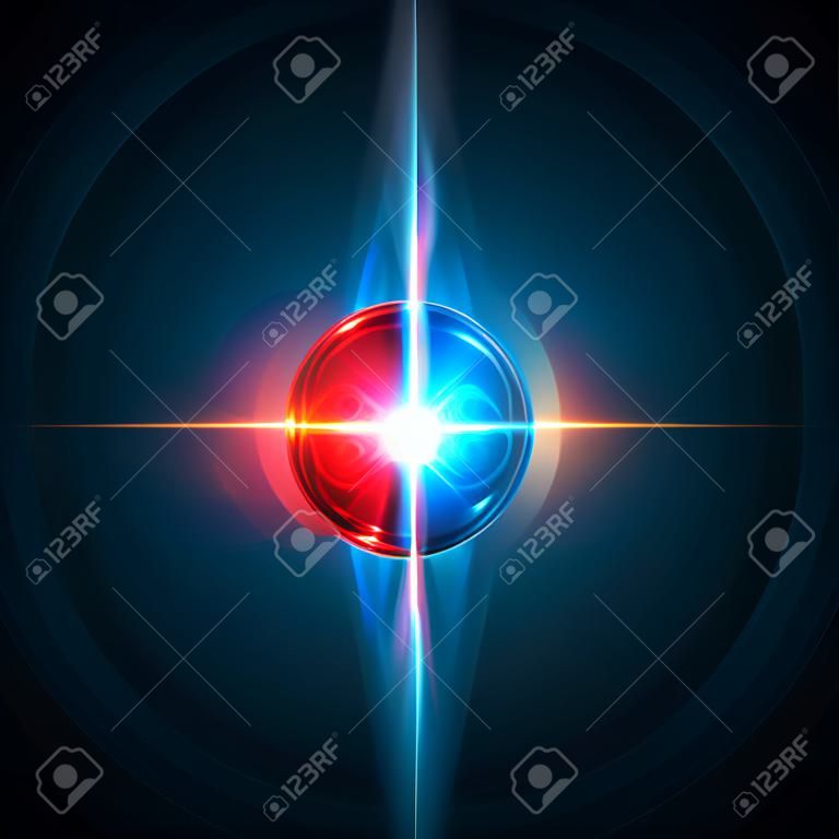 冷凍的兩個粒子碰撞的瞬間用紅色和藍色的光。矢量插圖。爆炸的概念。黑色背景上的抽象分子的影響。原子能。核反應的概念。