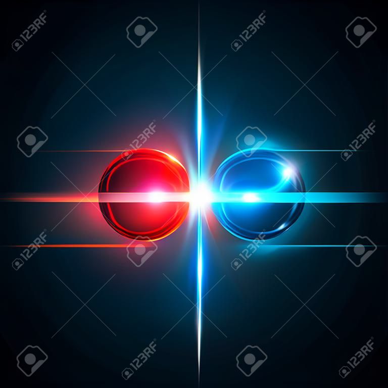Momento congelado de colisión de dos partículas con luz roja y azul. Ilustración vectorial Concepto de explosión. Moléculas abstractas impacto sobre fondo negro. Poder atomico. Concepto de reacciones nucleares.