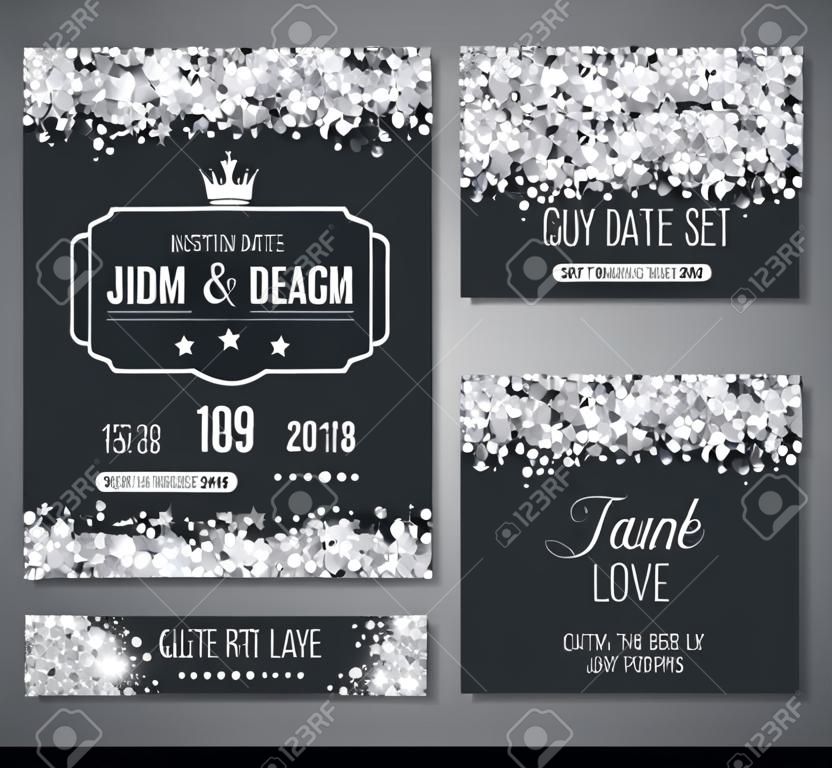 Set of wedding invitation cards design. Silver confetti and black background. Vector illustration. Save the date. Retro figured label. Typographic template for your text.  Glittering dust.