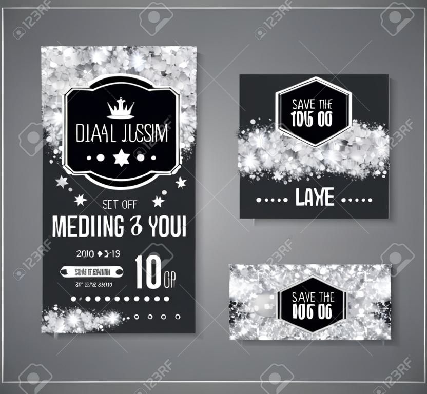Set of wedding invitation cards design. Silver confetti and black background. Vector illustration. Save the date. Retro figured label. Typographic template for your text.  Glittering dust.
