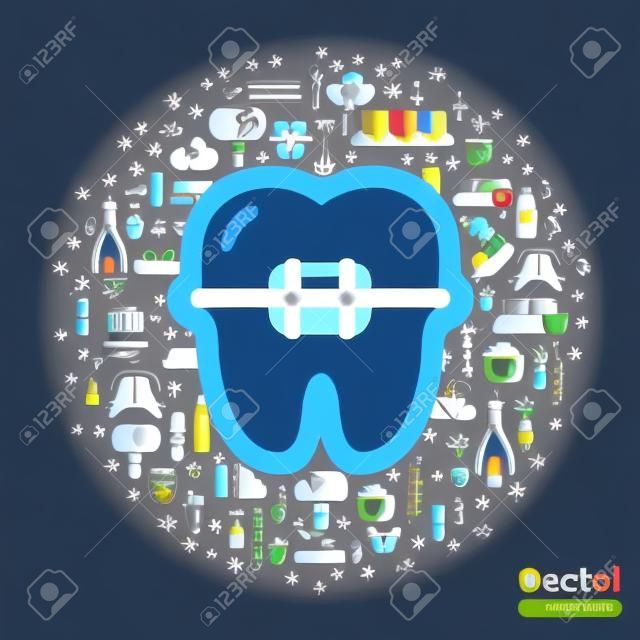 平齒在大括號貼紙圖標。矢量插圖。牙齒護理，口腔正畸學和牙科的符號。