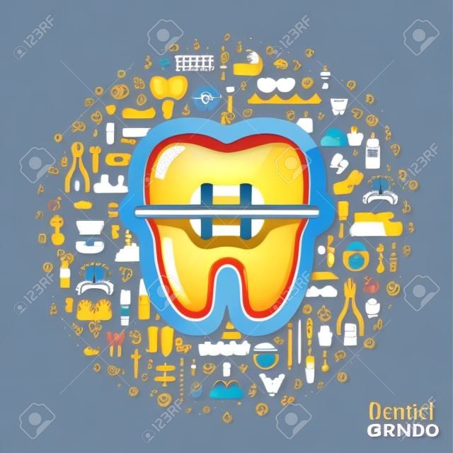 Płaski zębów w nawiasach naklejki ikony. ilustracji wektorowych. Pielęgnacja zębów, Stomatologia Ortodoncja i symbole.