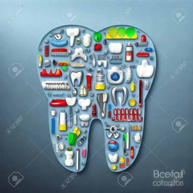 Ząb z ikonami stomatologicznych wewnątrz. Pielęgnacja zębów, Stomatologia Ortodoncja i symbole.