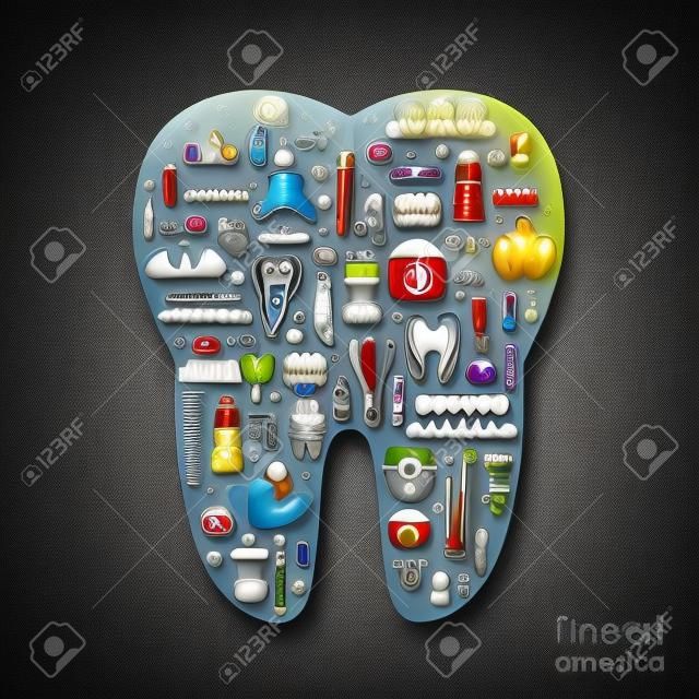 Ząb z ikonami stomatologicznych wewnątrz. Pielęgnacja zębów, Stomatologia Ortodoncja i symbole.