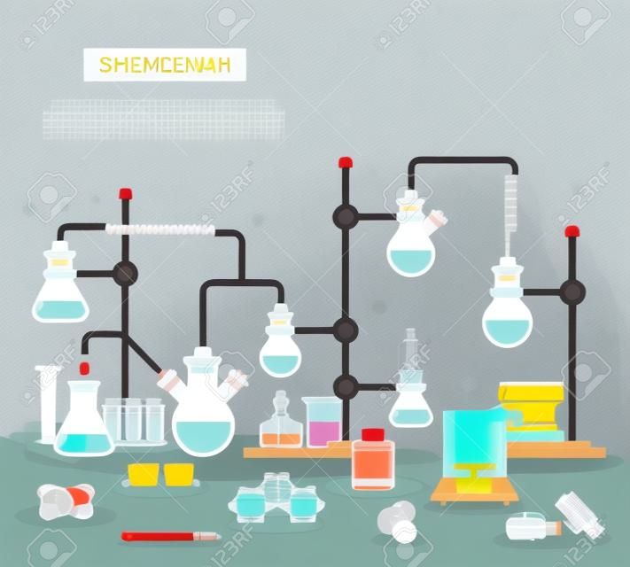 化學實驗的扁平化設計矢量插圖的概念。化學家實驗室工作區。化學反應的研究