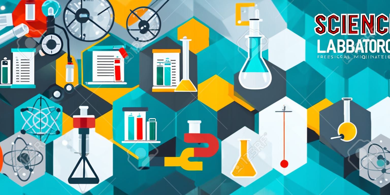 Science laboratory research creative banner. Vector illustration. Flat design scientific icons in hexagons. Concept for web banners and promotional materials