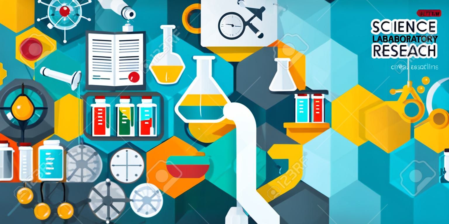 Bilim laboratuar araştırmaları yaratıcı afiş. Vektör illüstrasyon. Düz tasarım altıgenler bilimsel simgeler. Web afiş ve tanıtım malzemeleri için Konsept