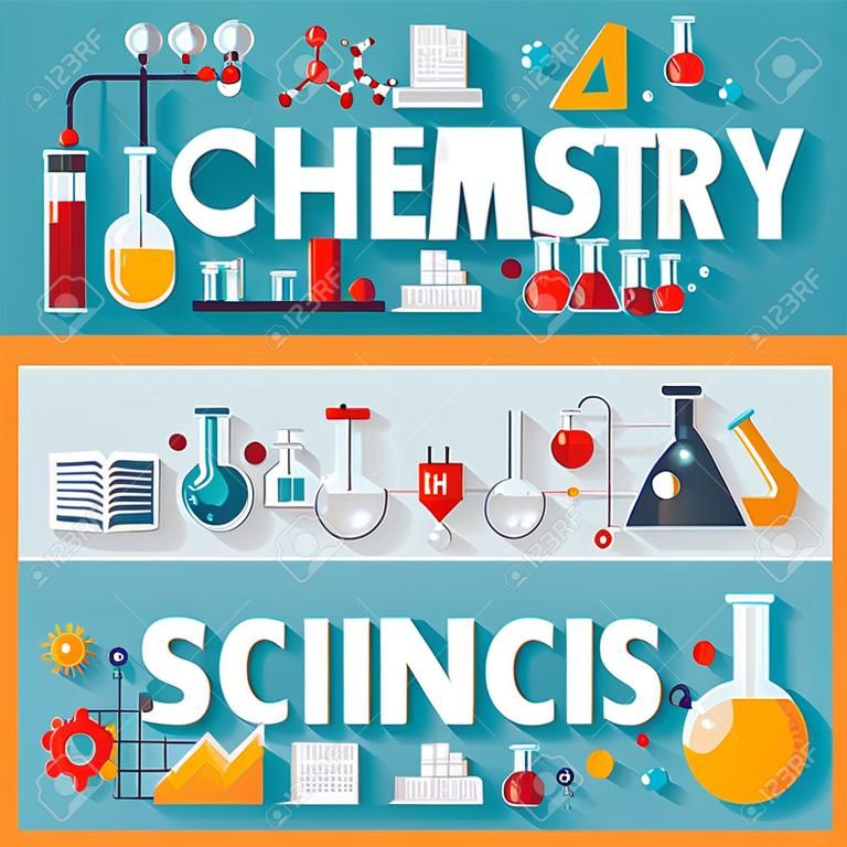 Química, ciencia, la física palabras con científicos iconos planos. ilustración vectorial concepto banners horizontales fijados. diseño de la tipografía posters