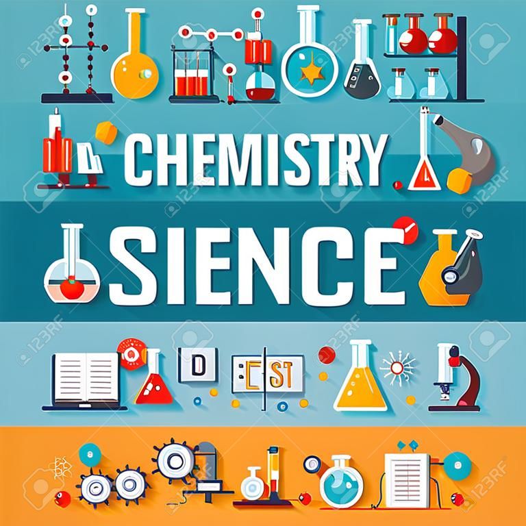 Química, ciência, física, palavras, com, plana, ícones científicos. Ilustração vetorial, conceito, horizontal, banners, set.