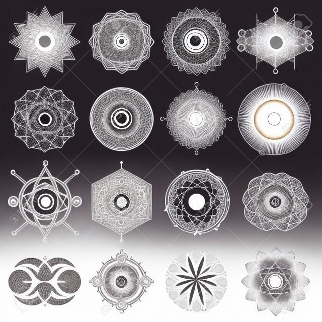 Conjunto de las formas sagradas de la geometría con los ojos, la Luna y sol aislado en blanco. Ilustración del vector.