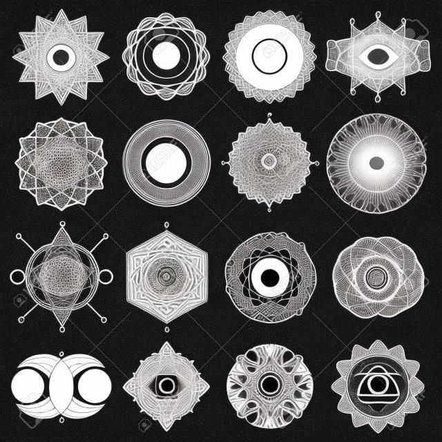 Set of Sacred Geometry Forms with Eye, Moon and Sun Isolated on White. Vector illustration.