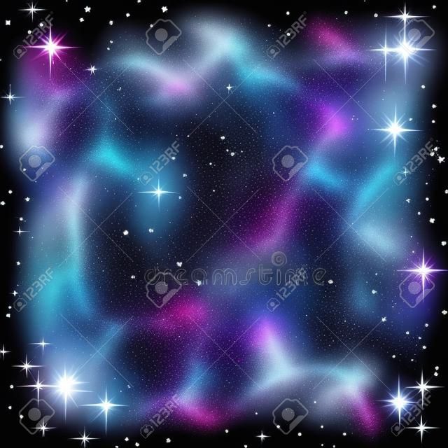Niebieskie i różowe chmury kosmiczne z błyszczącymi gwiazdami. Ilustracji wektorowych. Świecąca galaktyka na czarnym nocnym niebie.