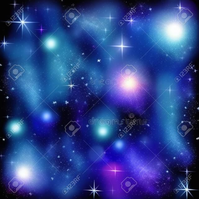 Niebieskie i różowe chmury kosmiczne z błyszczącymi gwiazdami. Ilustracji wektorowych. Świecąca galaktyka na czarnym nocnym niebie.