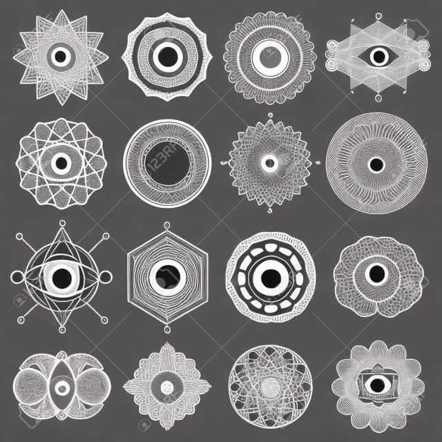 Sacred Geometry Forms with Eye, Moon, Sun. Vector illustration.