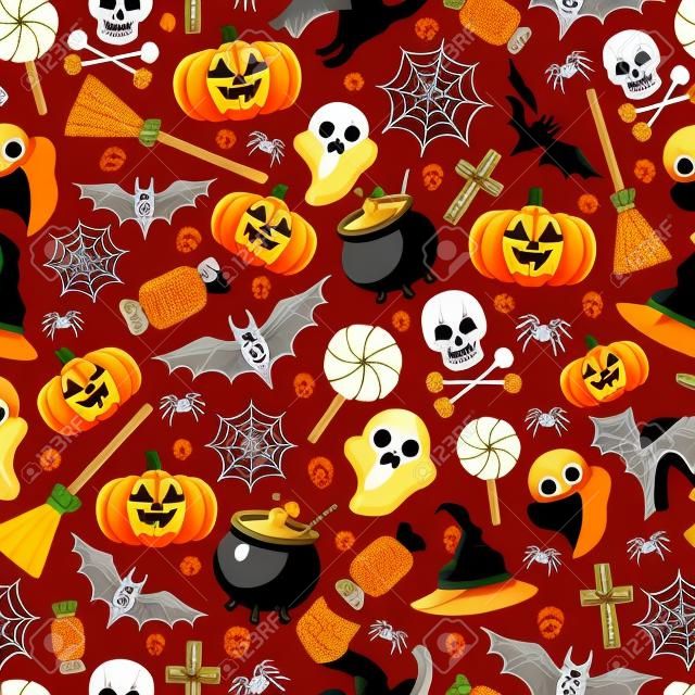 Halloween Seamless Pattern with Orange Pumpkin, Spider Web, Candy, Witch Hat, Broom and Cauldron, Skull and Crossbones. Vector Illustration. Flat Icons on Dark Background