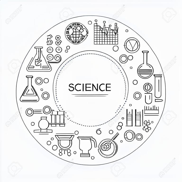 Blocco per cerchio con icone della linea scientifica isolato su bianco. illustrazione. Chimica, Science Lab Research