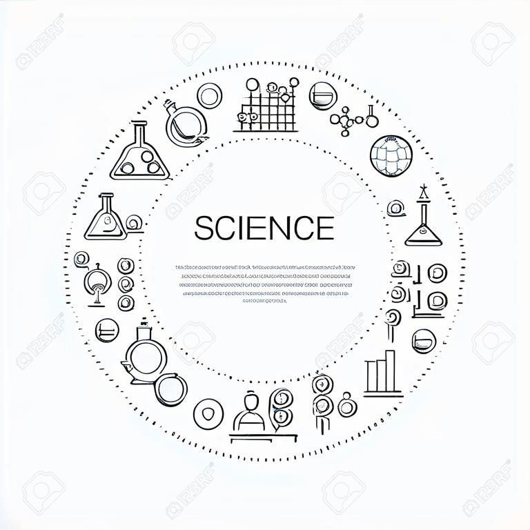 Cadre de cercle avec des icônes de ligne scientifique isolées sur blanc. illustration. Contexte de chimie, recherche de laboratoire scientifique