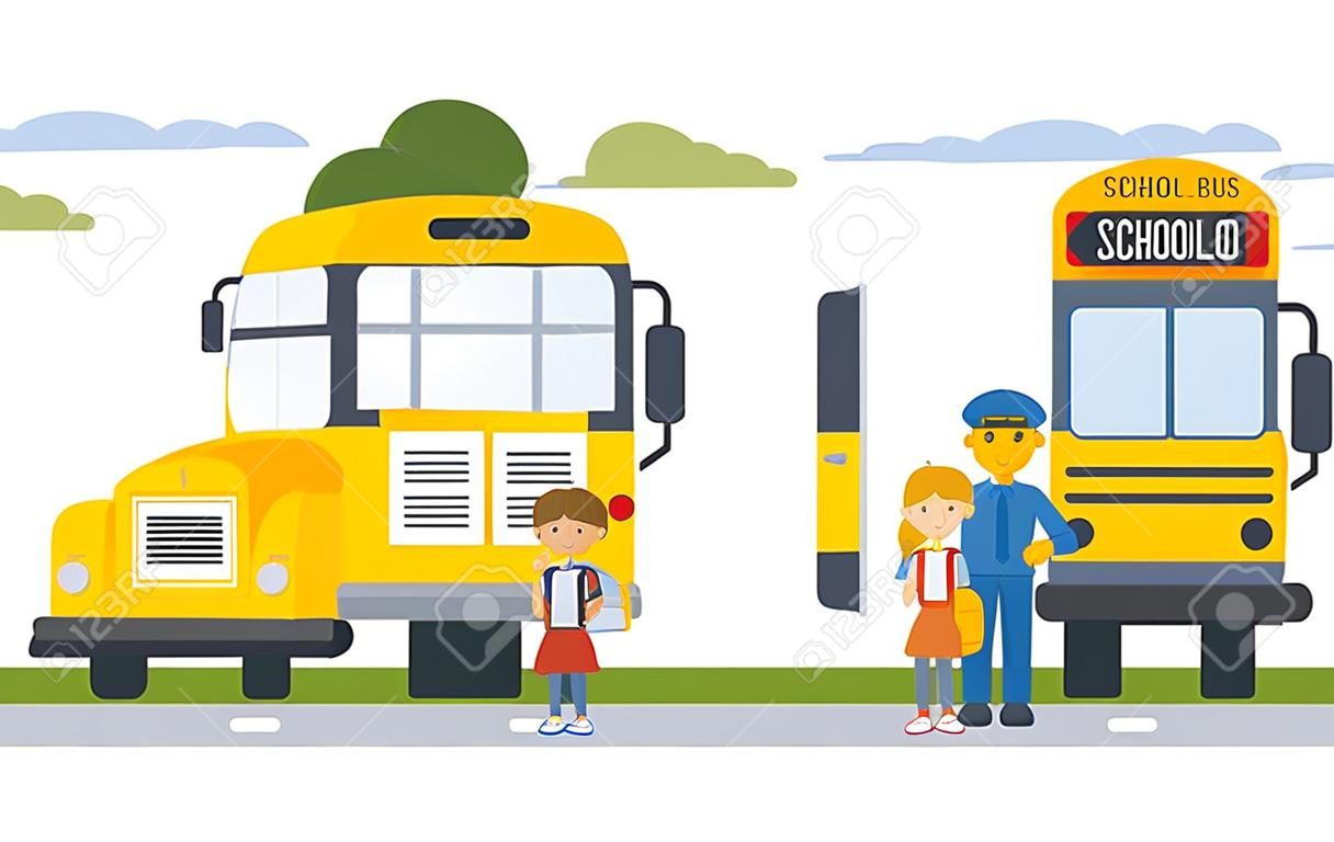 Schoolers getting on yellow schoolbus at bus stop