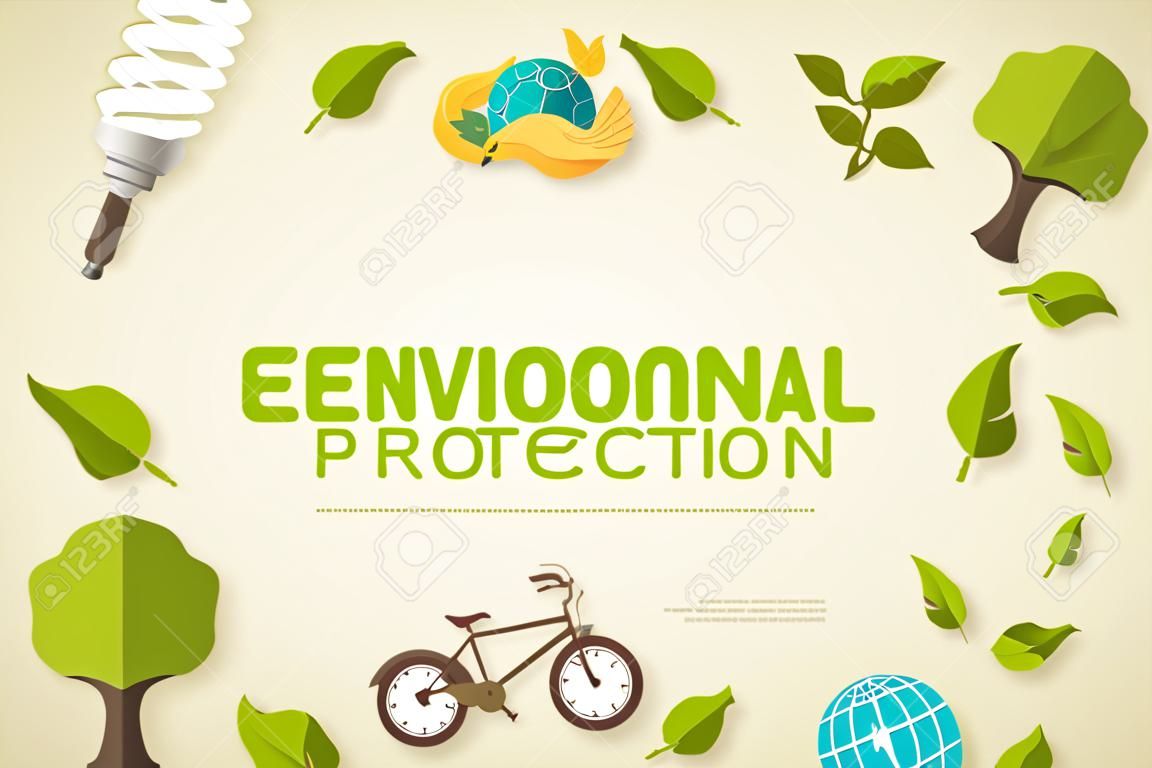 Баннер охраны окружающей среды с элементами природы и другими соответствующими значками.