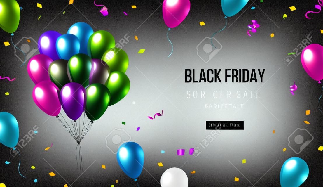 Banner di vendita del Black Friday con mazzo di palloncini lucidi e coriandoli su sfondo bianco. Illustrazione vettoriale.
