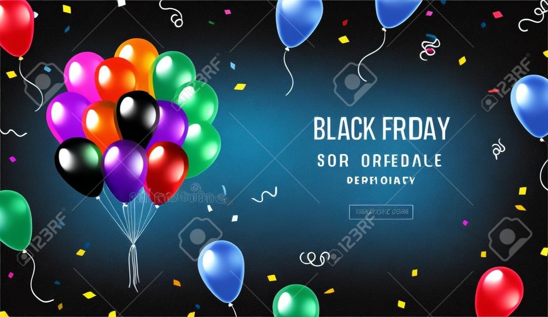 Banner de venta de viernes negro con manojo de globos brillantes y confeti sobre fondo blanco. Ilustración de vector.