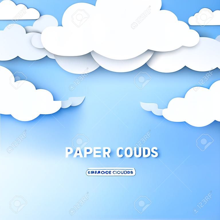 Cloudy volumetric banner template. Papercut cloudscape with text space. Blue sky background with overcast clouds. 3d origami paperart, poster backdrop.