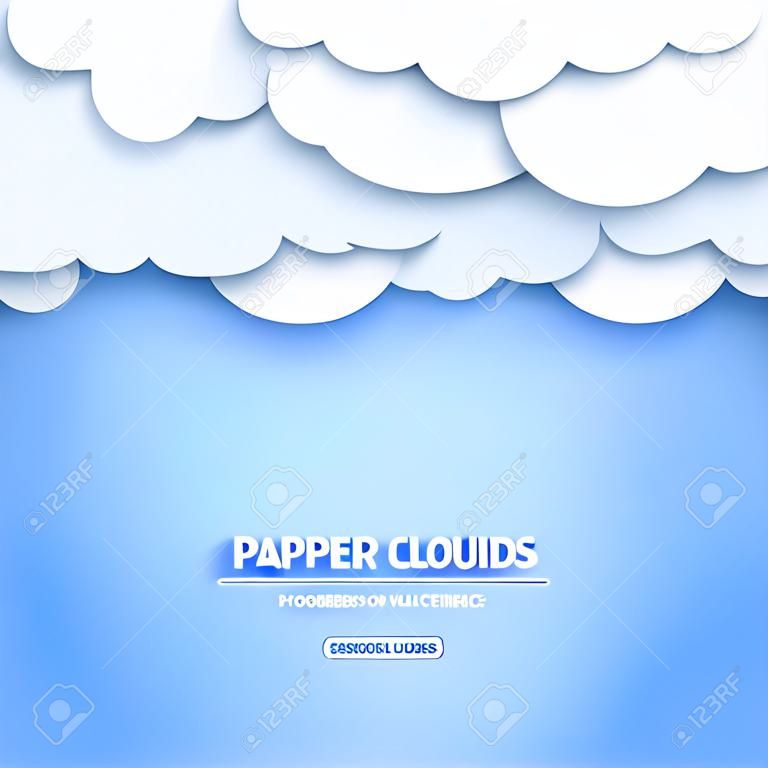 Cloudy volumetric banner template. Papercut cloudscape with text space. Blue sky background with overcast clouds. 3d origami paperart, poster backdrop.