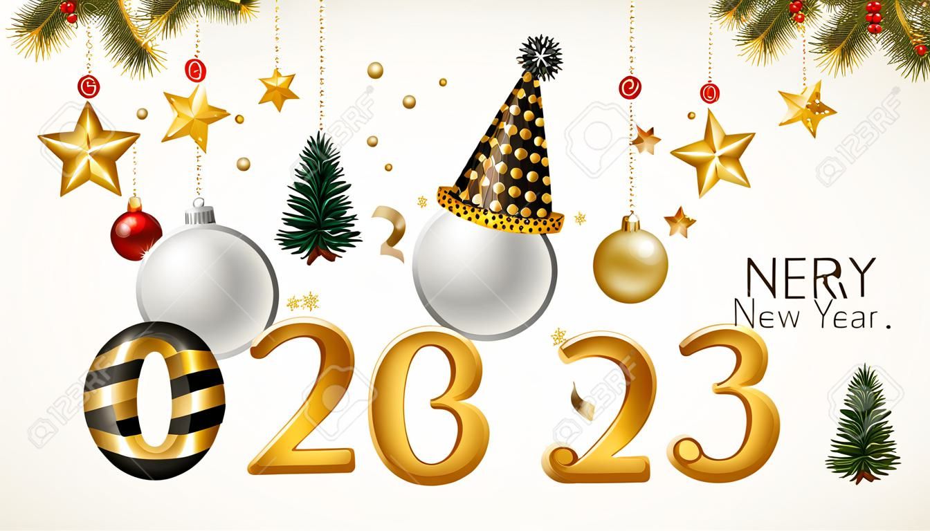 Merry Christmas Happy New Year 2023 Poster. Metal Numbers, Xmas Fir Tree Branches, Golden Baubles, Party Hat, White Background. vector illustration. Holiday eve greeting design, sale banner, flyer