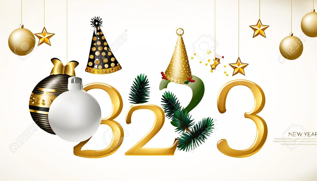 Merry Christmas Happy New Year 2023 Poster. Metal Numbers, Xmas Fir Tree Branches, Golden Baubles, Party Hat, White Background. vector illustration. Holiday eve greeting design, sale banner, flyer