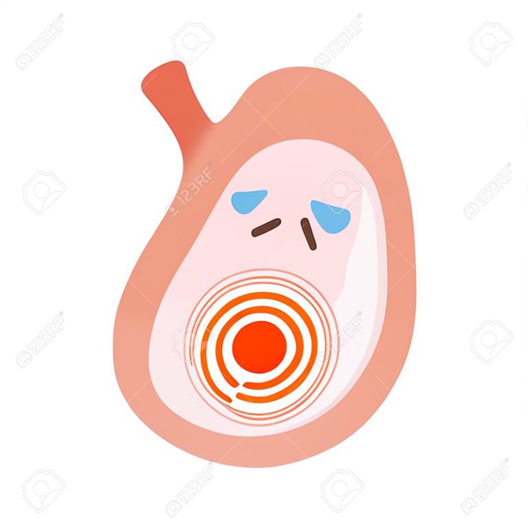 Smutny charakter ludzkiego żołądka. zapalenie błony śluzowej żołądka, niestrawność i problemy z bólem żołądka. wektor ilustracja kreskówka płaska na białym tle