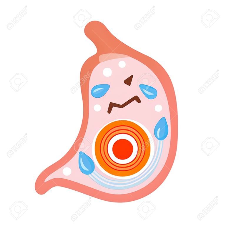 Carácter triste del estómago humano. Problemas de gastritis, indigestión y dolor de estómago. Ilustración de dibujos animados plano vectorial sobre fondo blanco