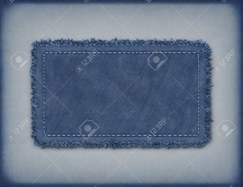 Denim rectangle shape with stitches. Torn jean patchwith seam. Vector realistic illustration on white background.