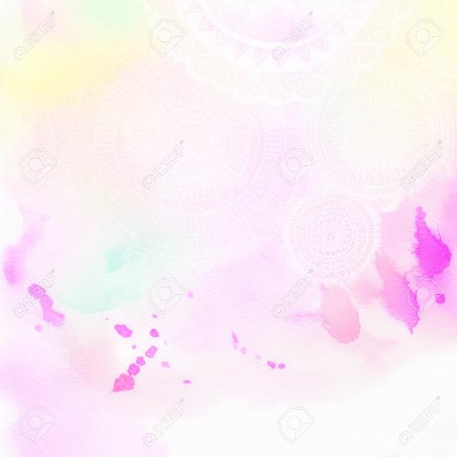 흰색 손으로 그린​​ 라운드 낙서와 만다라 핑크 수채화 페인트 배경입니다.