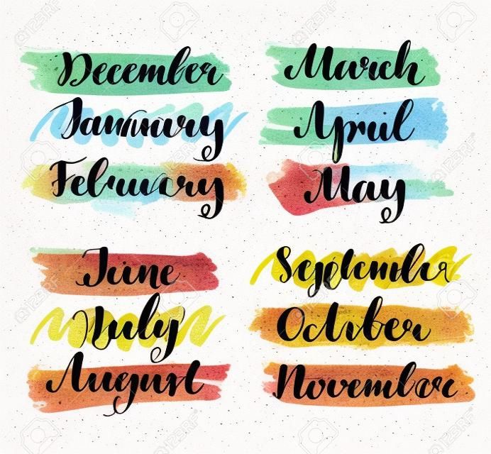 Handgeschreven maanden van het jaar. Kalligrafie woorden voor kalenders en organisatoren