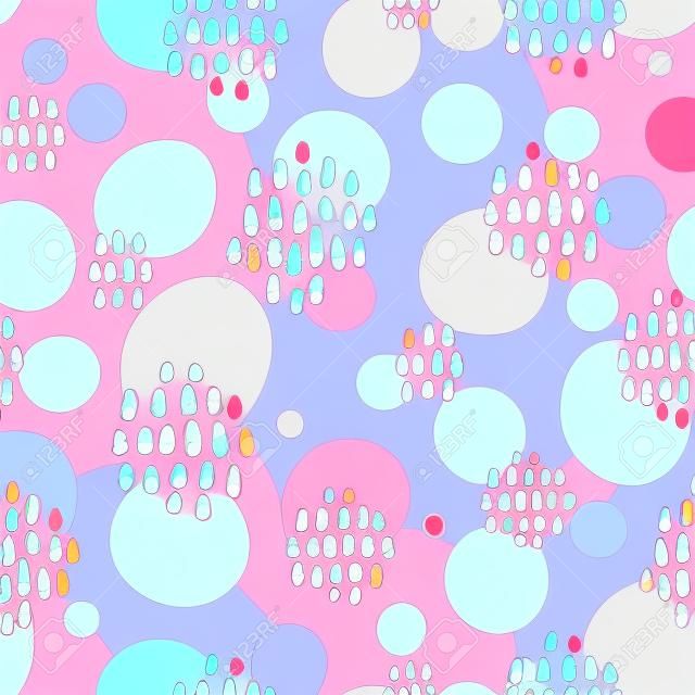 Abstract pastel seamless pattern with black marker strokes. Light blue and pink colors, spring summer fashion trendy background. Ovals and circles with hand drawn marks, vector repeated texture
